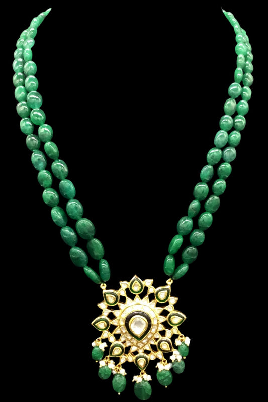Traditional Gold and Diamond Polki star-shaped green Pendant Set with emerald-grade green beryls - G. K. Ratnam