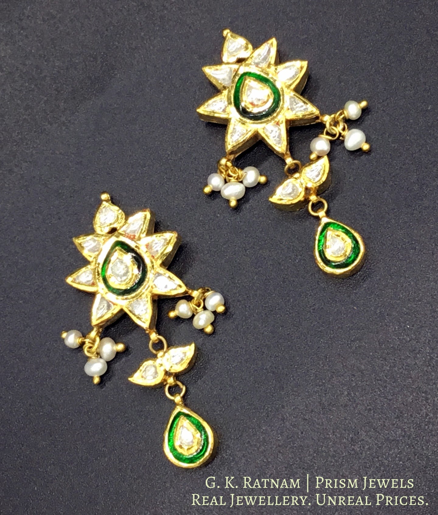 Traditional Gold and Diamond Polki star-shaped green Pendant Set with emerald-grade green beryls - G. K. Ratnam
