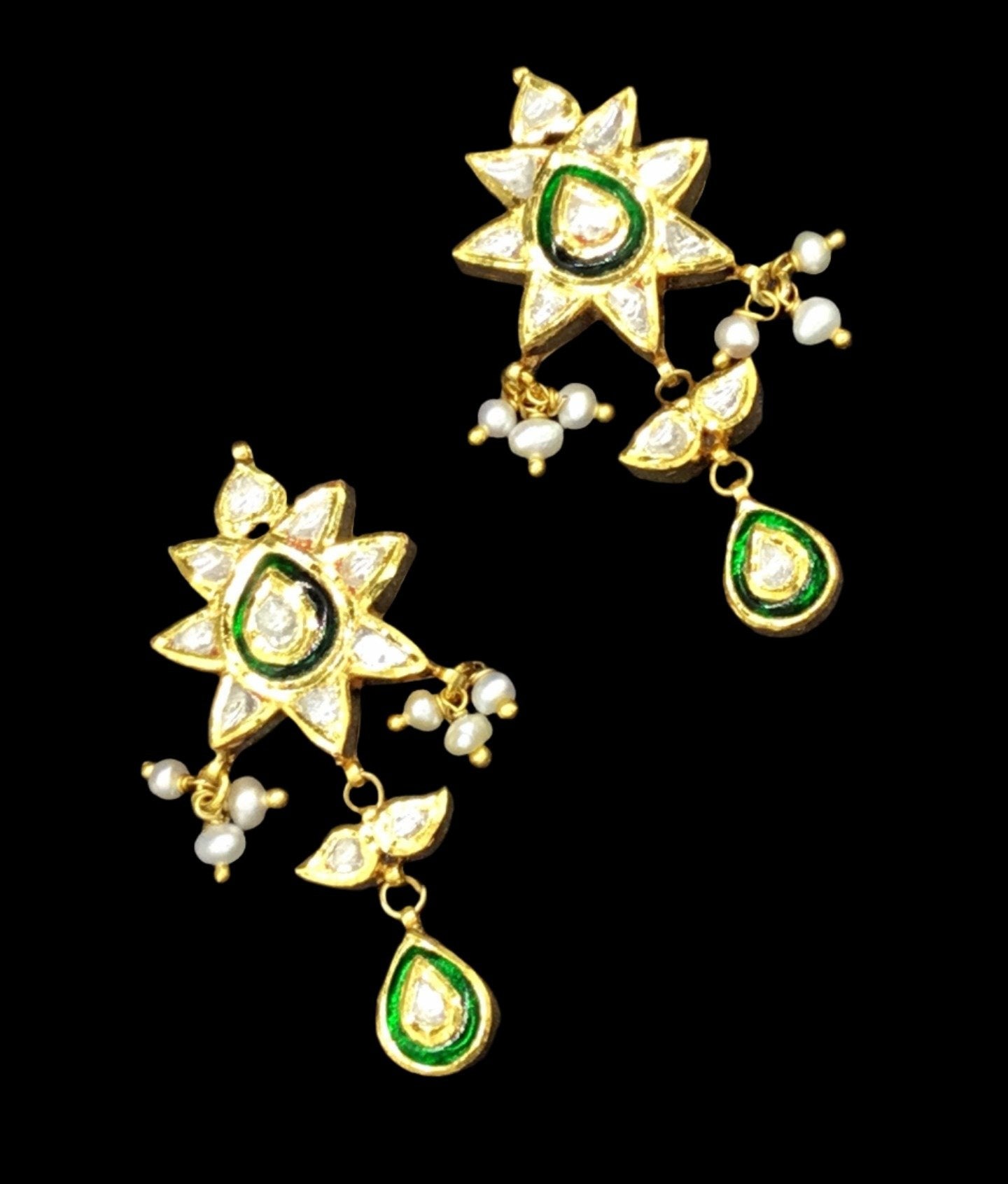 Traditional Gold and Diamond Polki star-shaped green Pendant Set with emerald-grade green beryls - G. K. Ratnam
