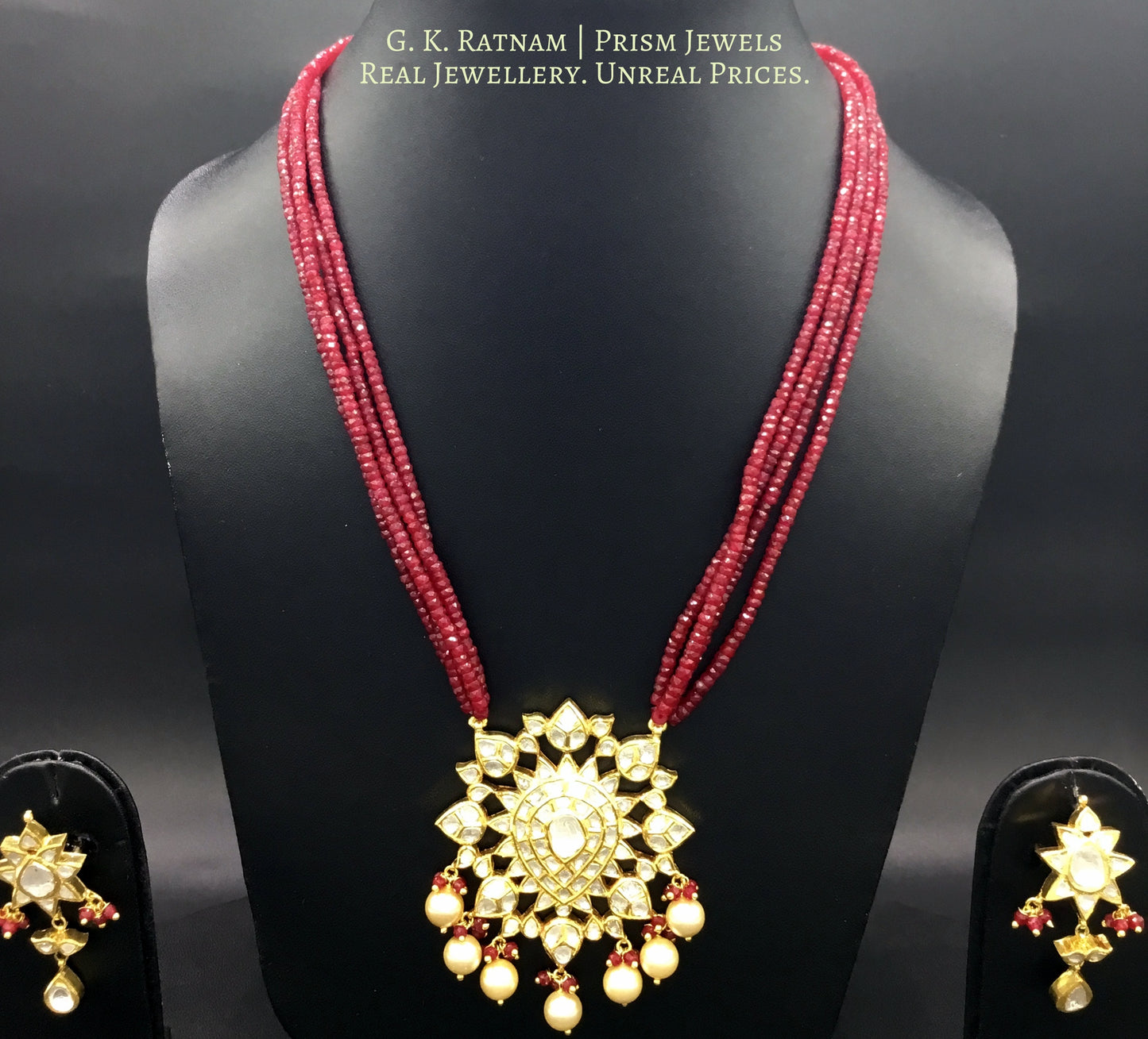 Traditional Gold and Diamond Polki star-shaped Pendant Set with Natural Ruby Beads - G. K. Ratnam