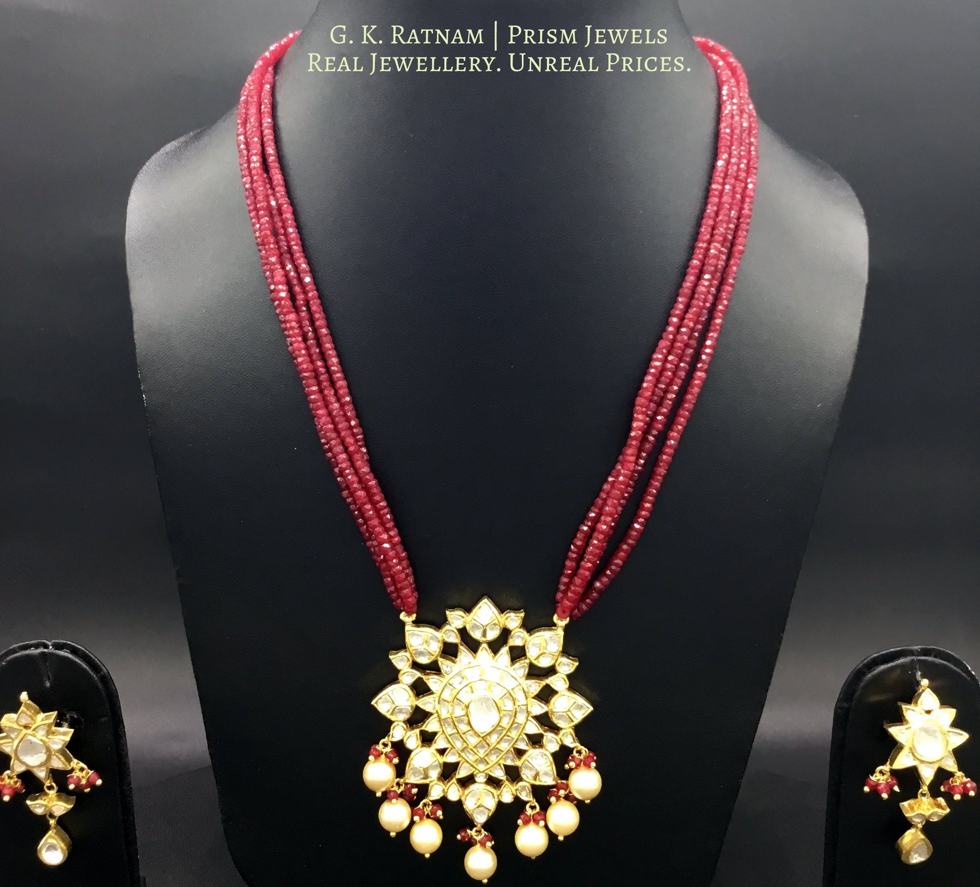Traditional Gold and Diamond Polki star-shaped Pendant Set with Natural Ruby Beads - G. K. Ratnam