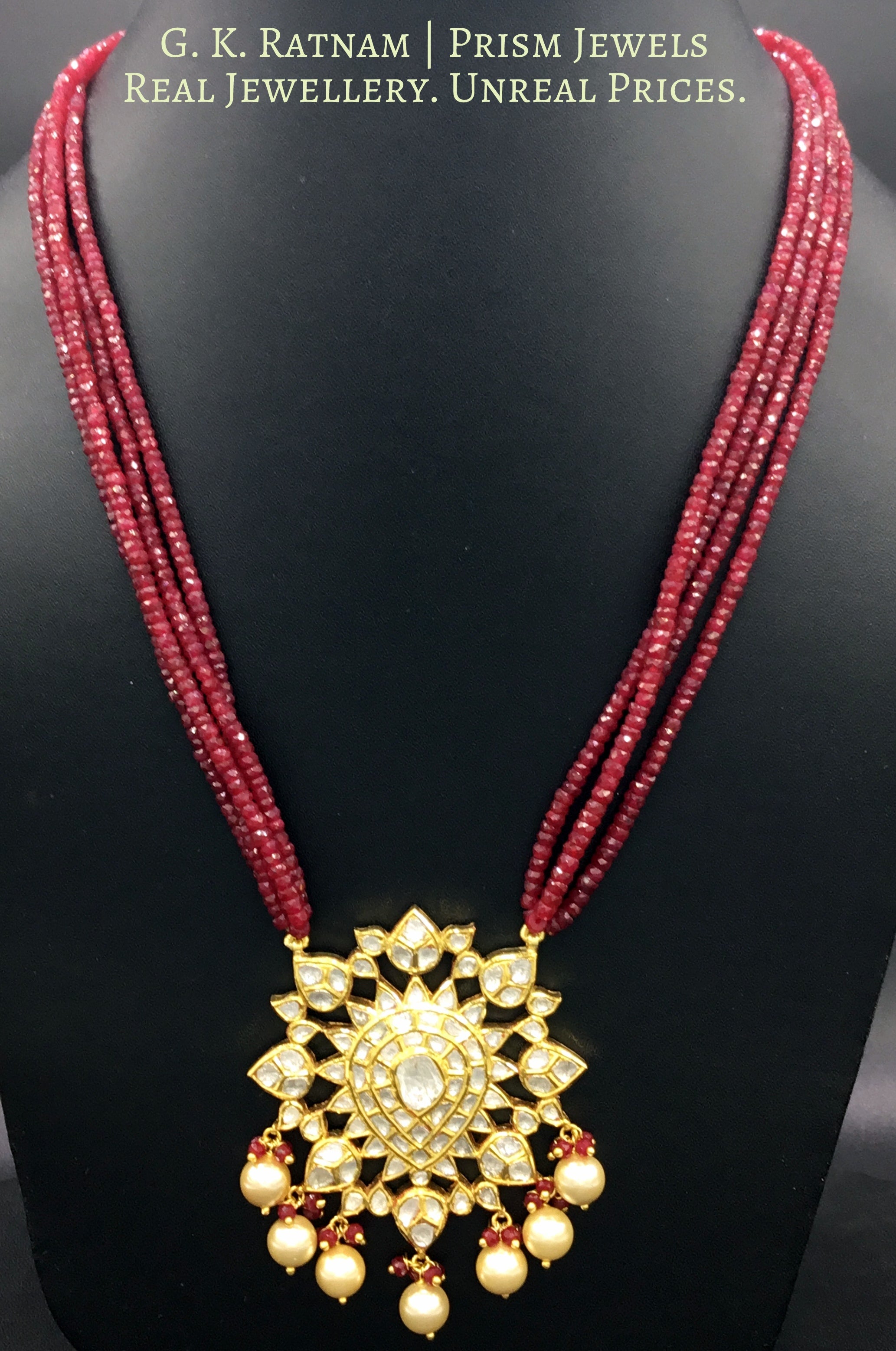 Traditional Gold and Diamond Polki star-shaped Pendant Set with Natural Ruby Beads - G. K. Ratnam