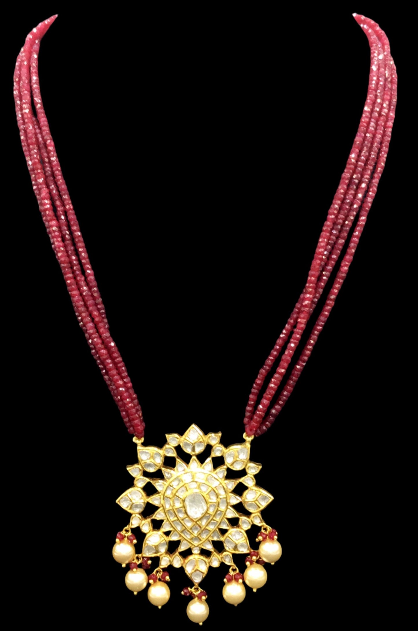 Traditional Gold and Diamond Polki star-shaped Pendant Set with Natural Ruby Beads - G. K. Ratnam