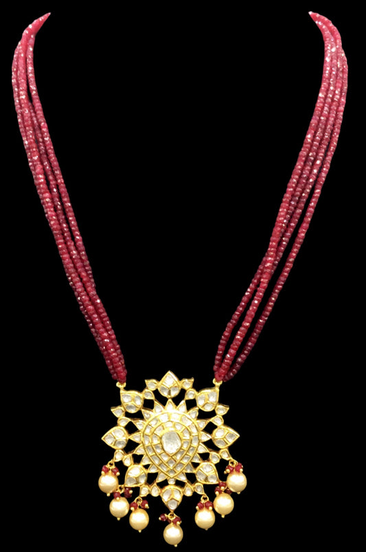 Traditional Gold and Diamond Polki star-shaped Pendant Set with Natural Ruby Beads - G. K. Ratnam