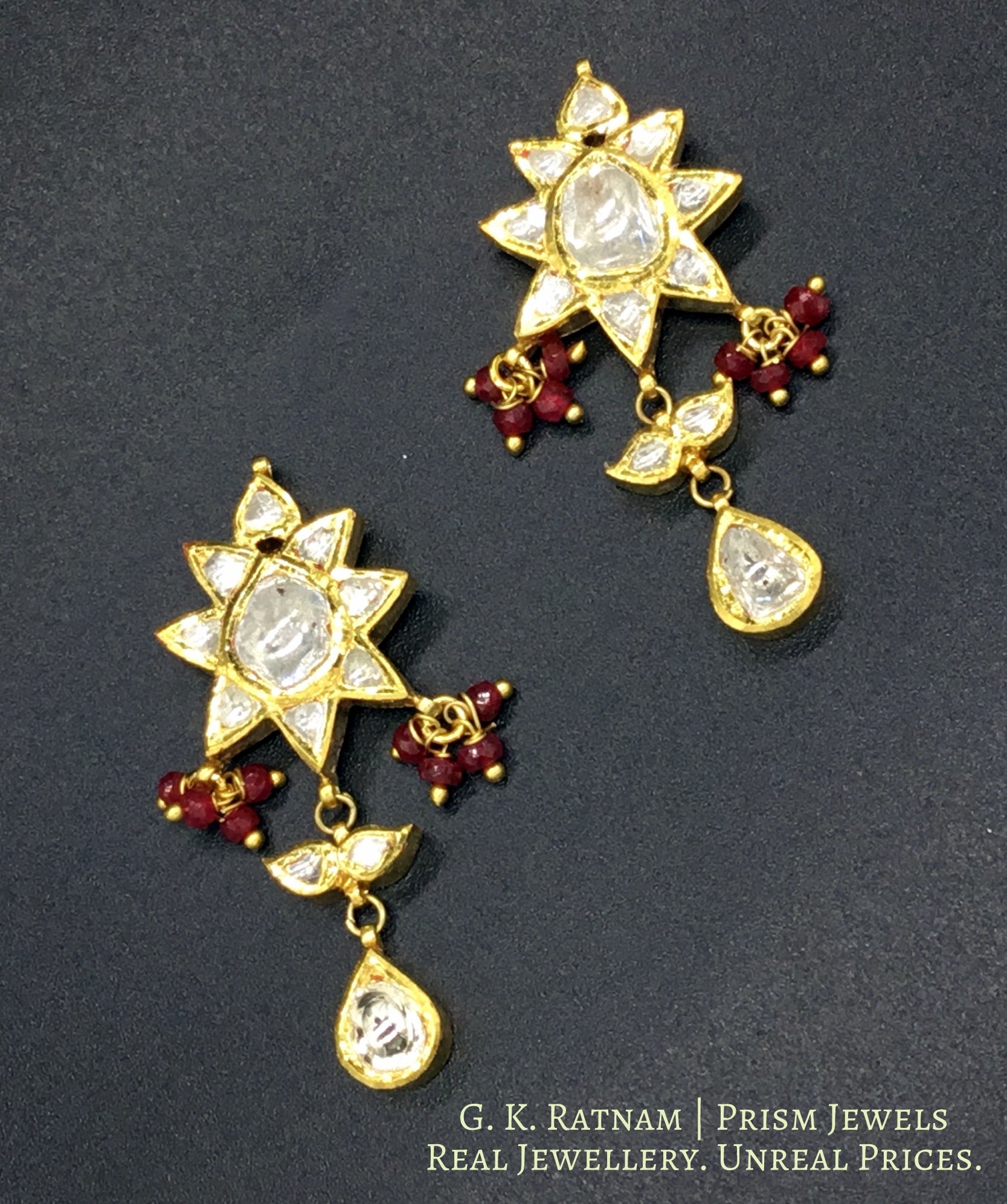 Traditional Gold and Diamond Polki star-shaped Pendant Set with Natural Ruby Beads - G. K. Ratnam