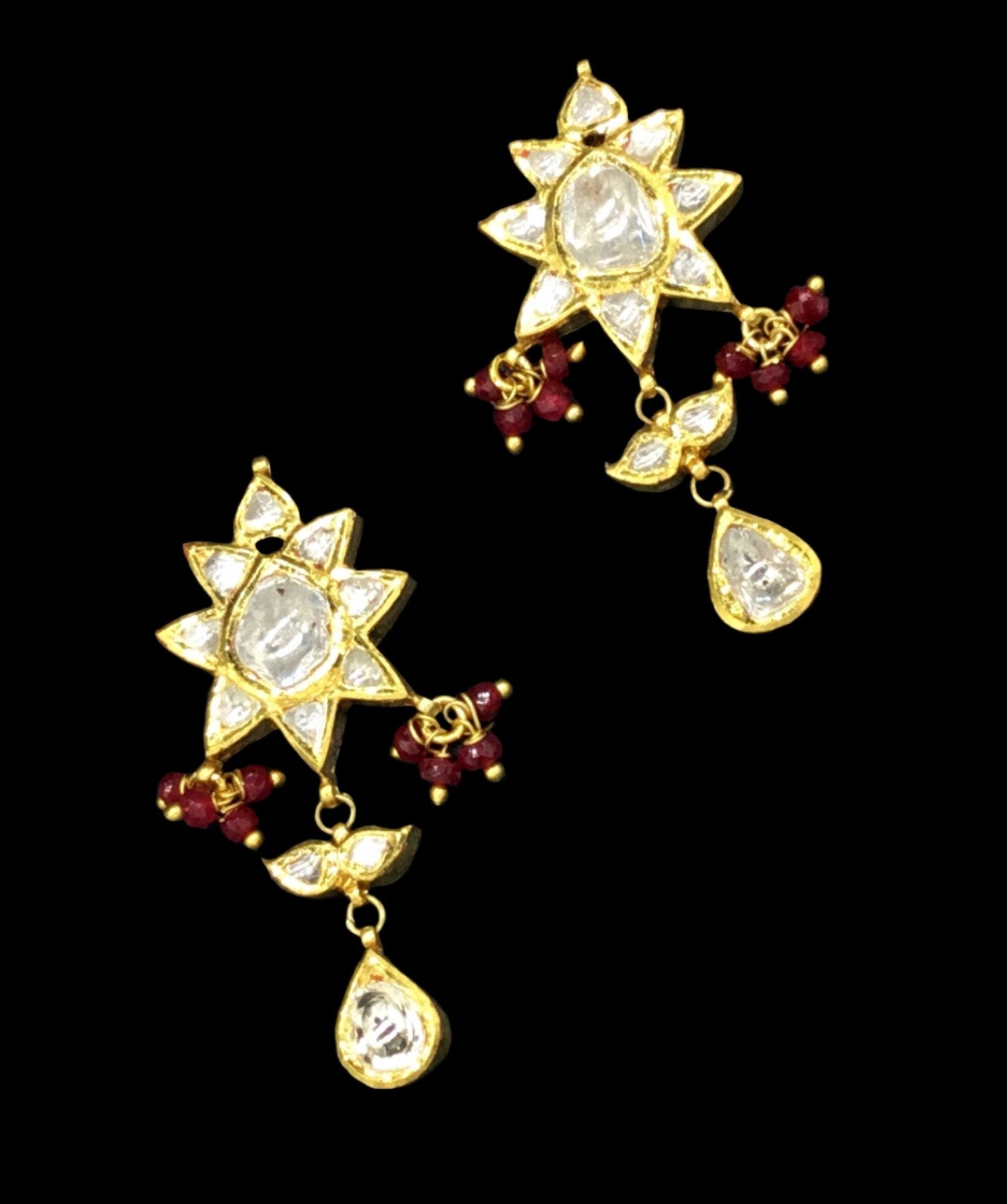 Traditional Gold and Diamond Polki star-shaped Pendant Set with Natural Ruby Beads - G. K. Ratnam
