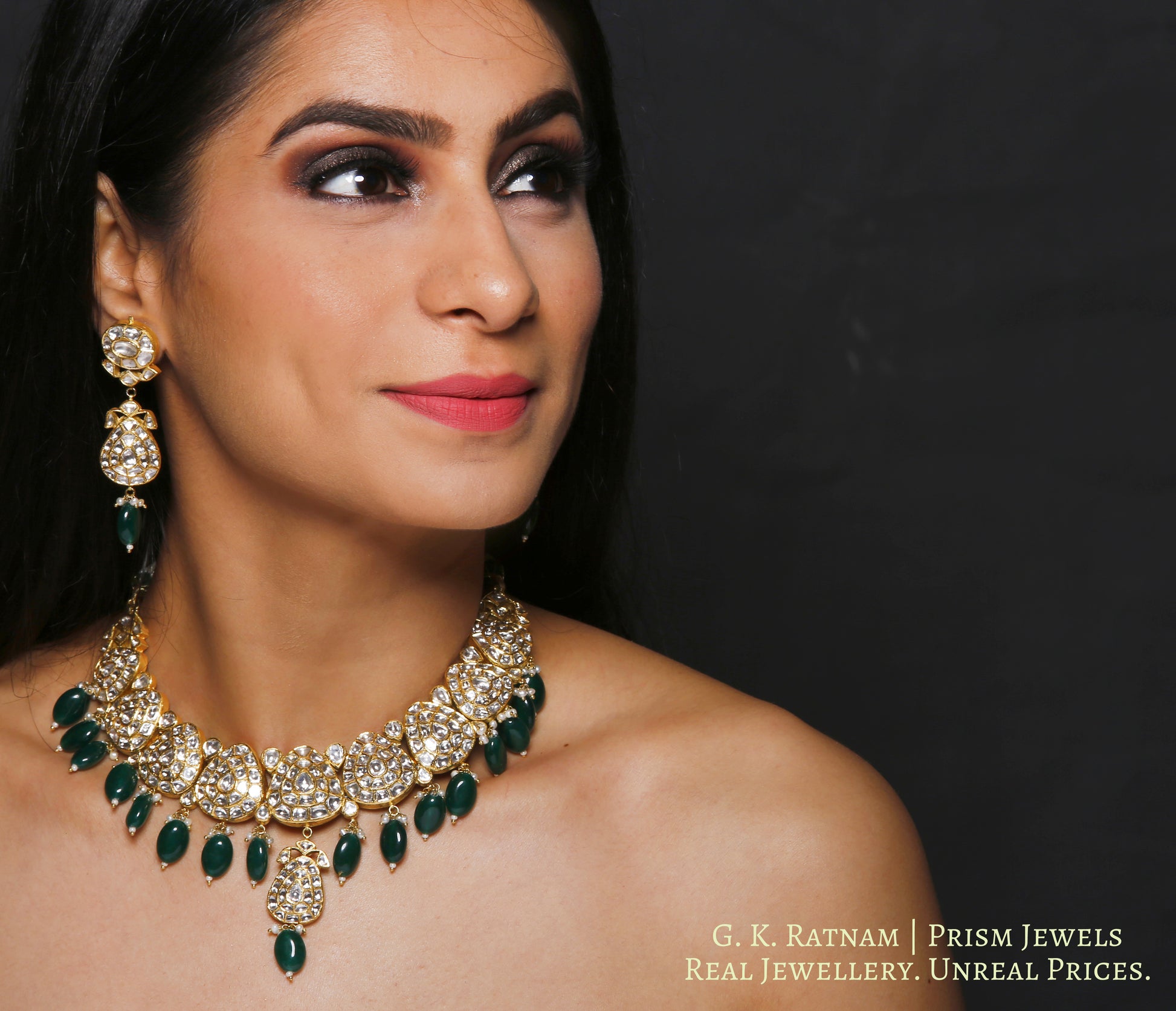 18k Gold and Diamond Polki Necklace Set with pear-shaped tikdas and emerald-green hangings - G. K. Ratnam