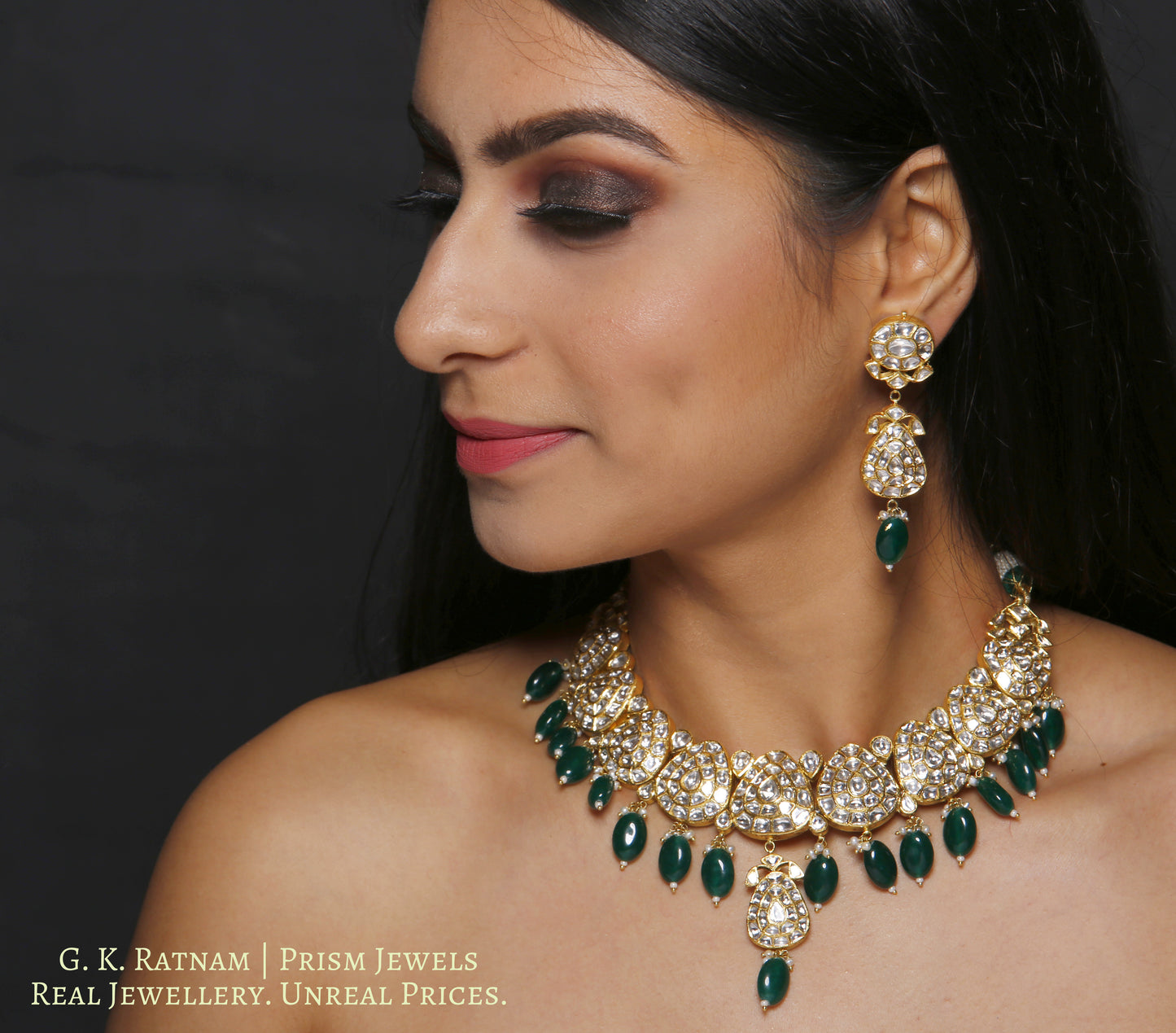 18k Gold and Diamond Polki Necklace Set with pear-shaped tikdas and emerald-green hangings - G. K. Ratnam