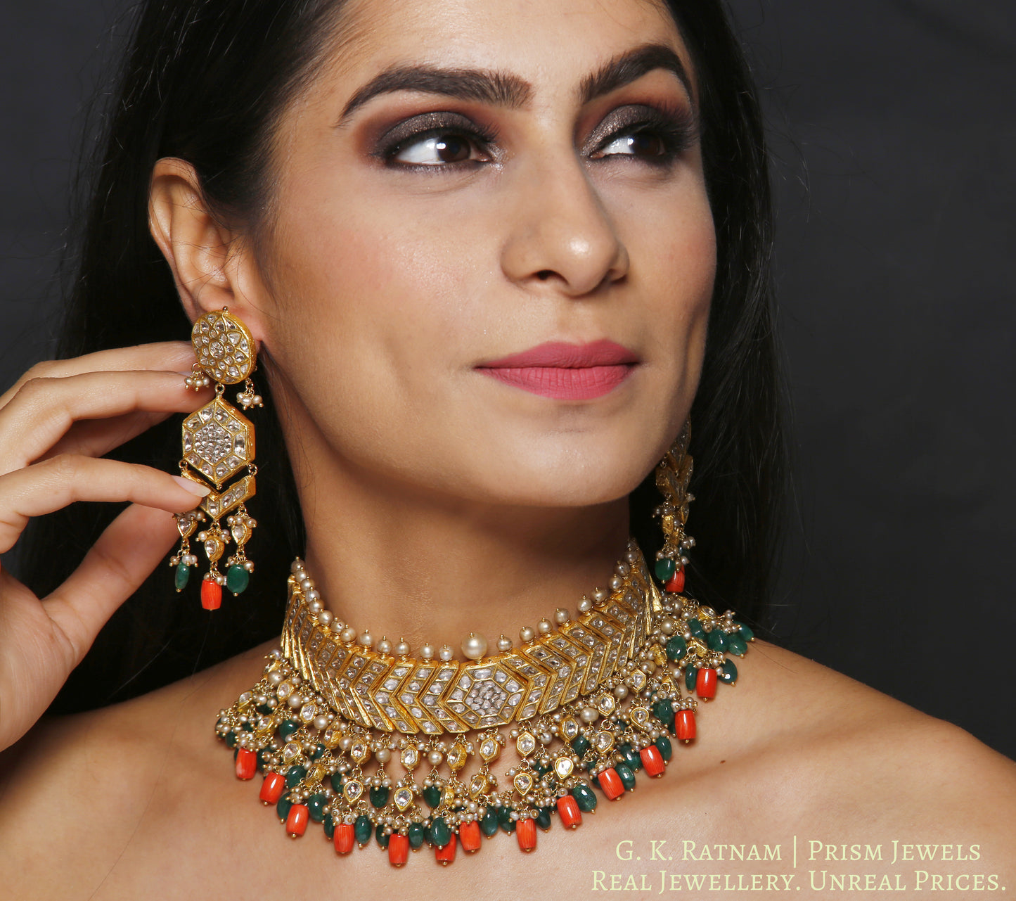 23k Gold and Diamond Polki Choker Necklace Set with Corals, Beryls and Antiqued Hyderabadi Pearls - gold diamond polki kundan meena jadau jewellery