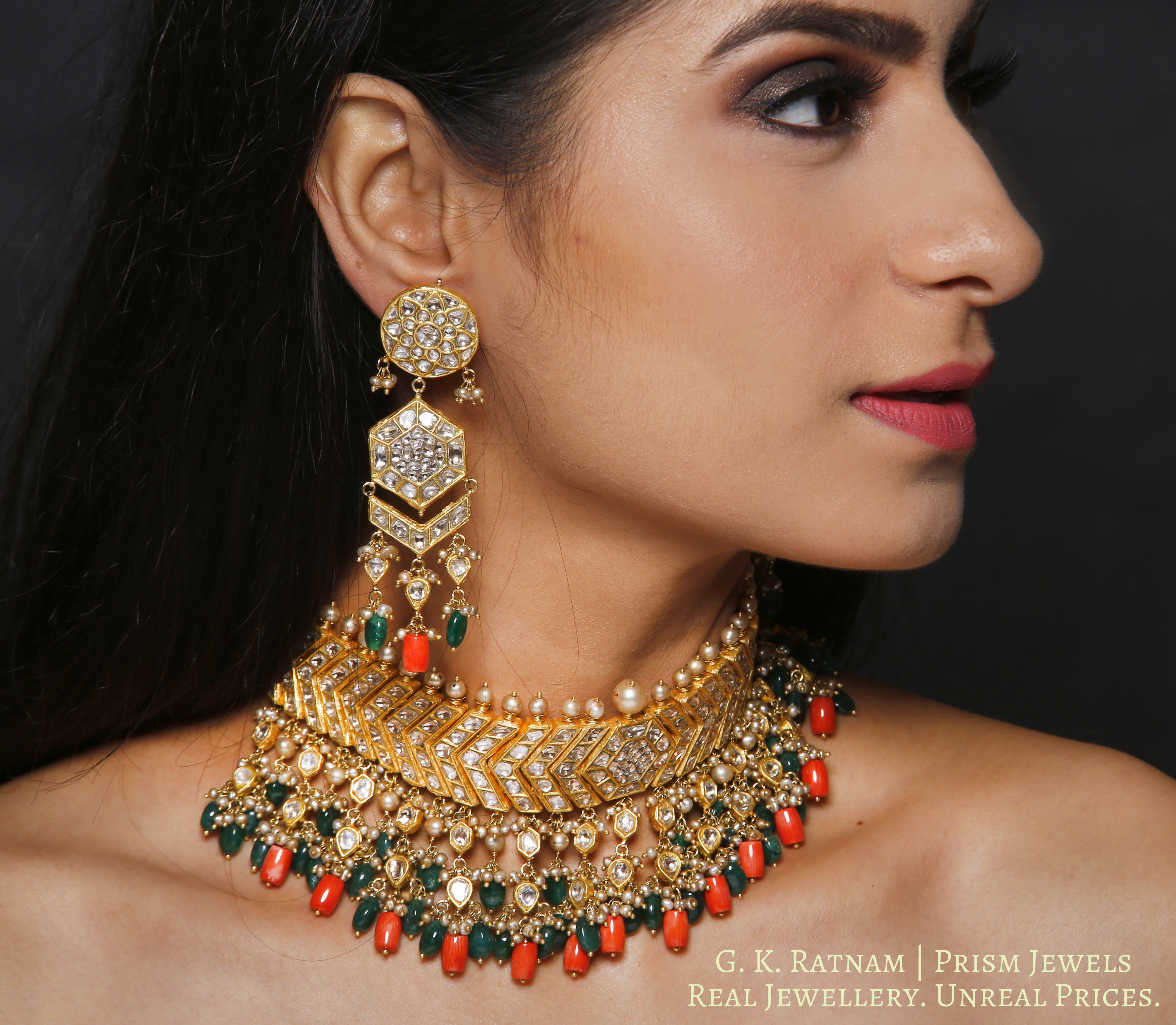 23k Gold and Diamond Polki Choker Necklace Set with Corals, Beryls and Antiqued Hyderabadi Pearls - gold diamond polki kundan meena jadau jewellery