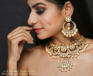 18k Gold and Diamond Polki Choker Necklace Set enhanced with south-sea-grade pearls - gold diamond polki kundan meena jadau jewellery