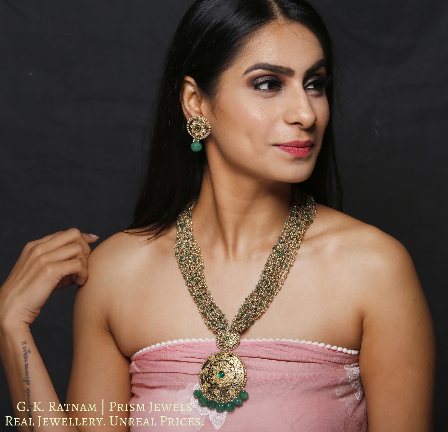 23k Gold and Diamond Polki round hybrid Pendant Set with antiqued freshwater pearls and green beryls - gold diamond polki kundan meena jadau jewellery