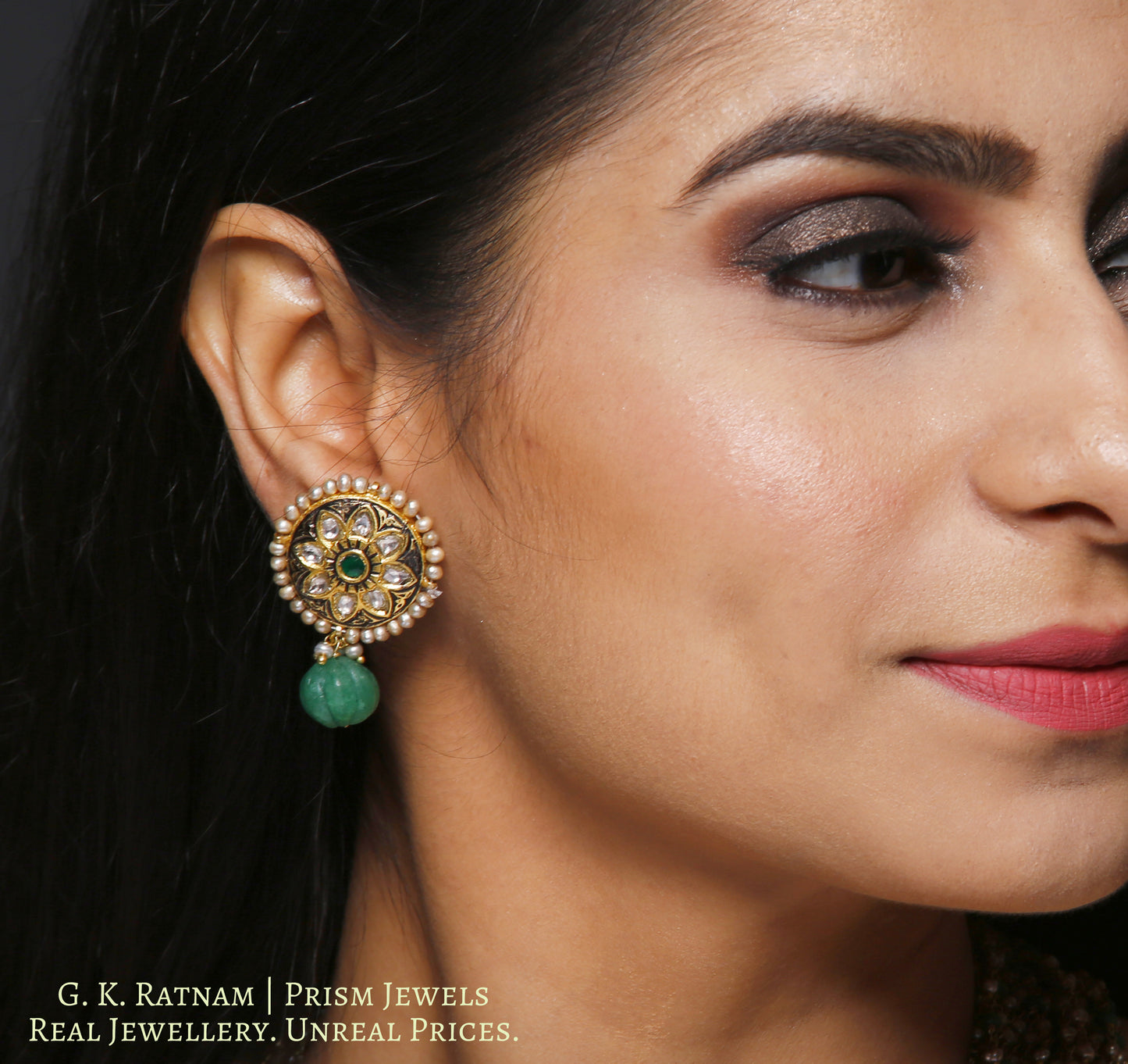 23k Gold and Diamond Polki round hybrid Pendant Set with antiqued freshwater pearls and green beryls - gold diamond polki kundan meena jadau jewellery