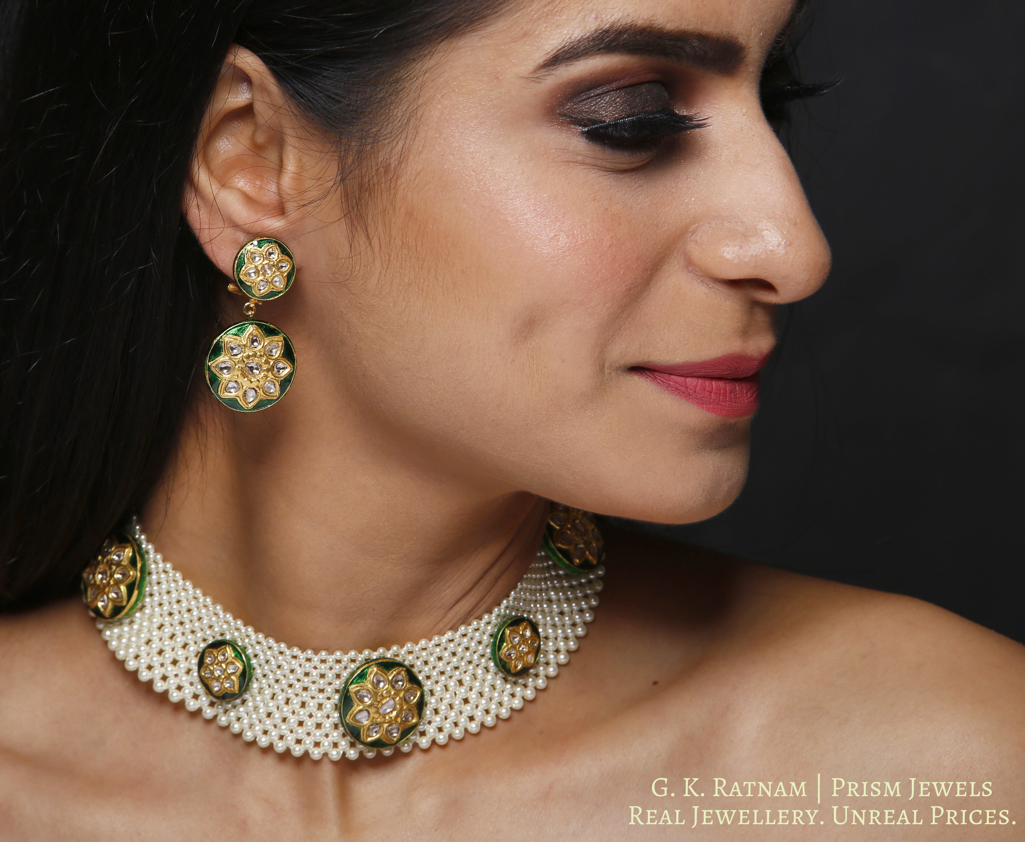 23k Gold and Diamond Polki Necklace Set with green enamelled rounds crocheted in lustrous pearls - gold diamond polki kundan meena jadau jewellery