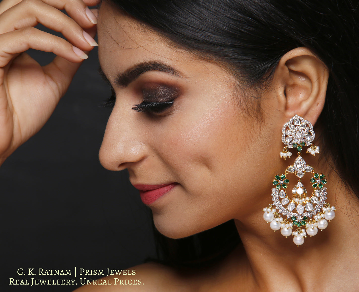 14k Gold and Diamond Polki Open Setting Chand Bali Earring Pair with Natural freshwater pearls - gold diamond polki kundan meena jadau jewellery