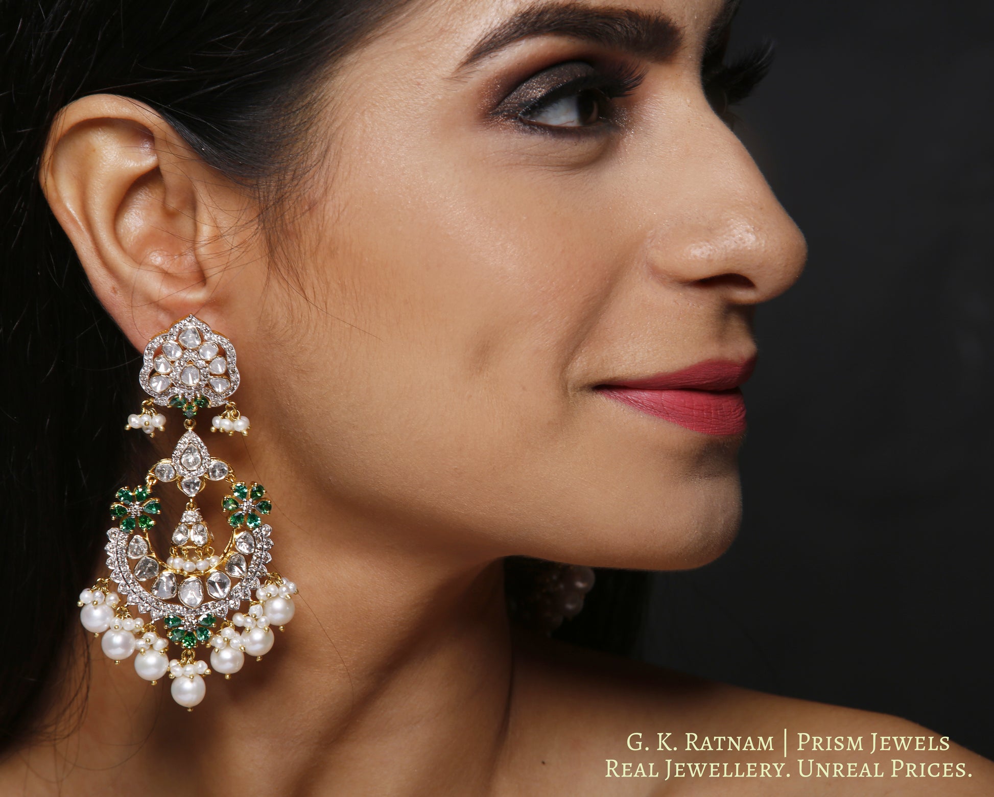 14k Gold and Diamond Polki Open Setting Chand Bali Earring Pair with Natural freshwater pearls - gold diamond polki kundan meena jadau jewellery