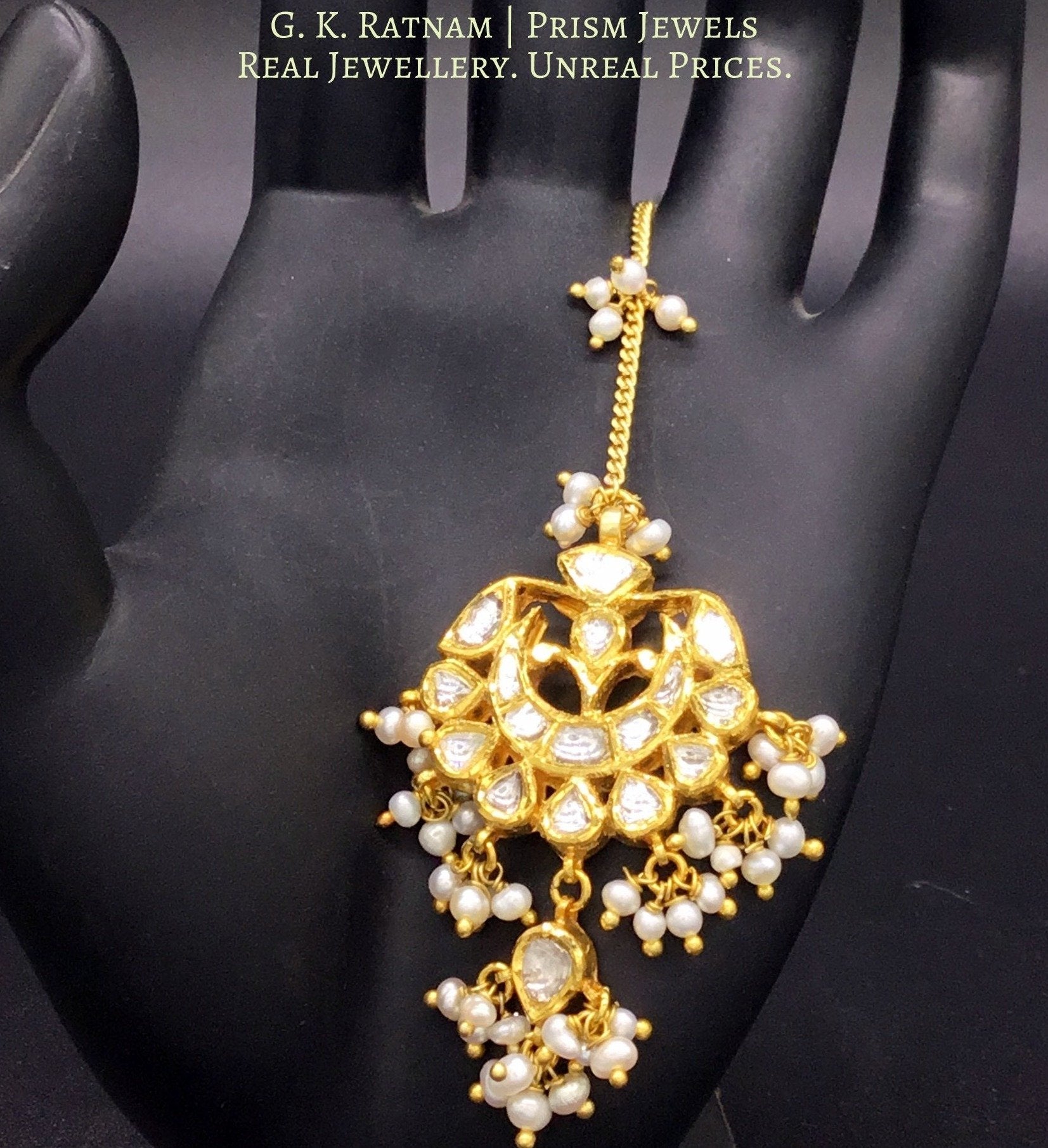 18k Gold and Diamond Polki Maang Tika with Natural Hyderabadi Pearl clusters - G. K. Ratnam