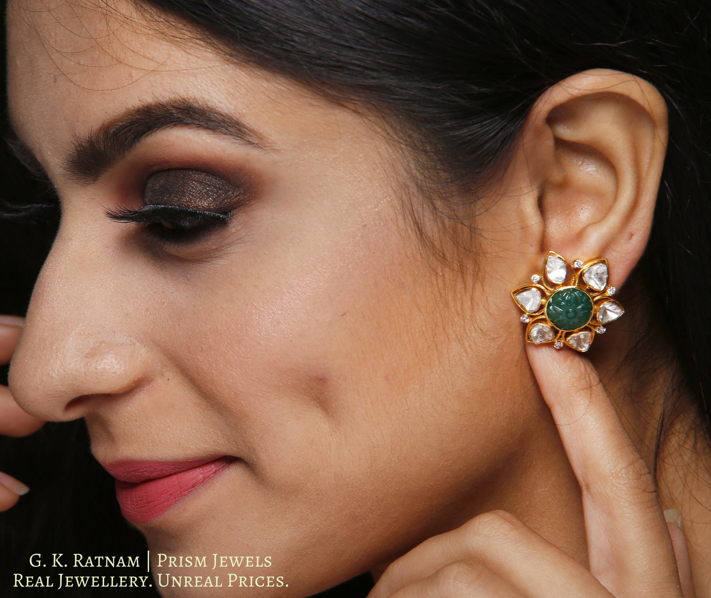 18k Gold and Diamond Polki Open Setting Karanphool Earring Pair with Green Beryl Carvings - gold diamond polki kundan meena jadau jewellery