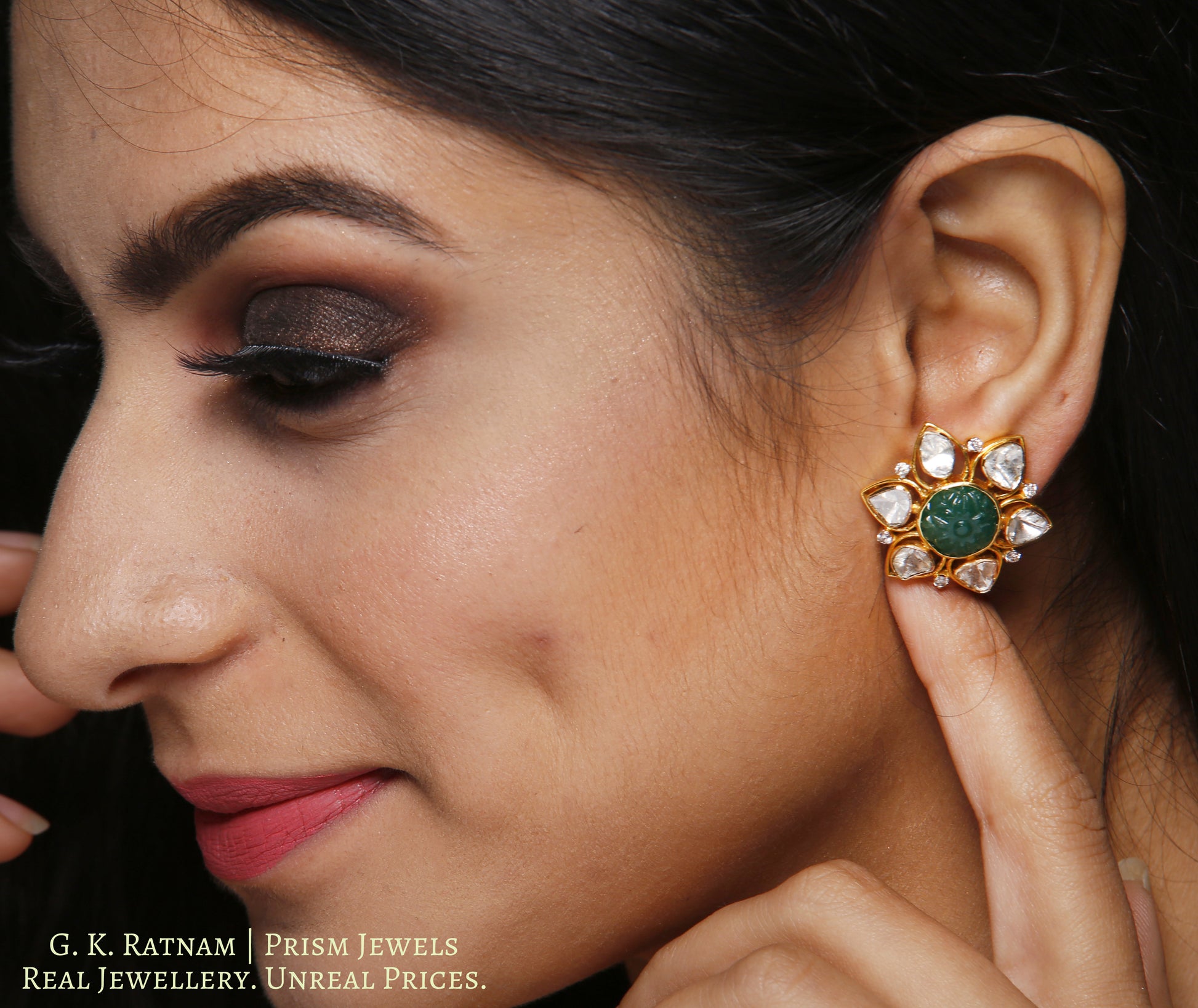 18k Gold and Diamond Polki Open Setting Karanphool Earring Pair with Green Beryl Carvings - gold diamond polki kundan meena jadau jewellery