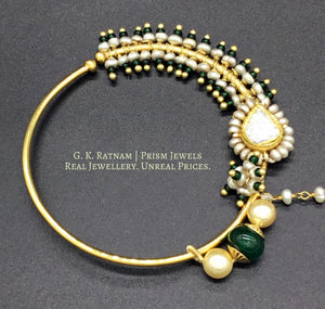 18k Gold and Diamond Polki Nose Ring elaborated with antiqued hyderabadi pearls - G. K. Ratnam
