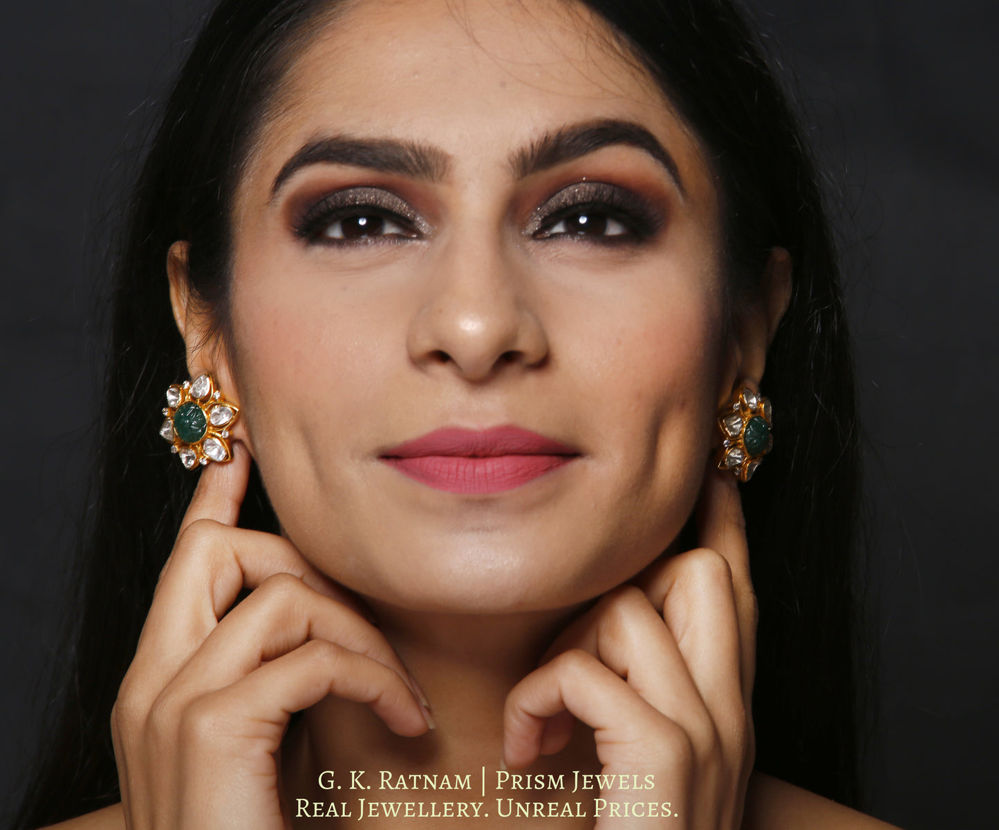 18k Gold and Diamond Polki Open Setting Karanphool Earring Pair with Green Beryl Carvings - gold diamond polki kundan meena jadau jewellery