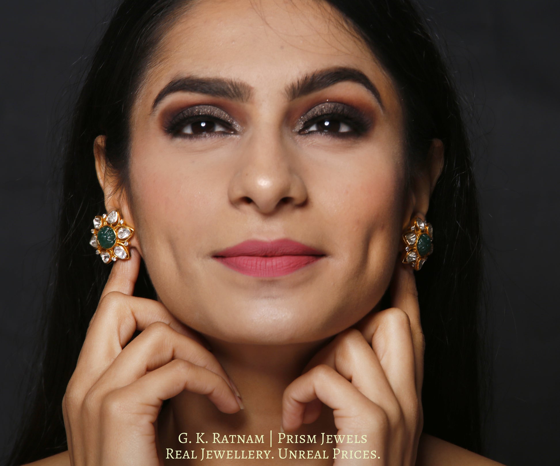 18k Gold and Diamond Polki Open Setting Karanphool Earring Pair with Green Beryl Carvings - gold diamond polki kundan meena jadau jewellery