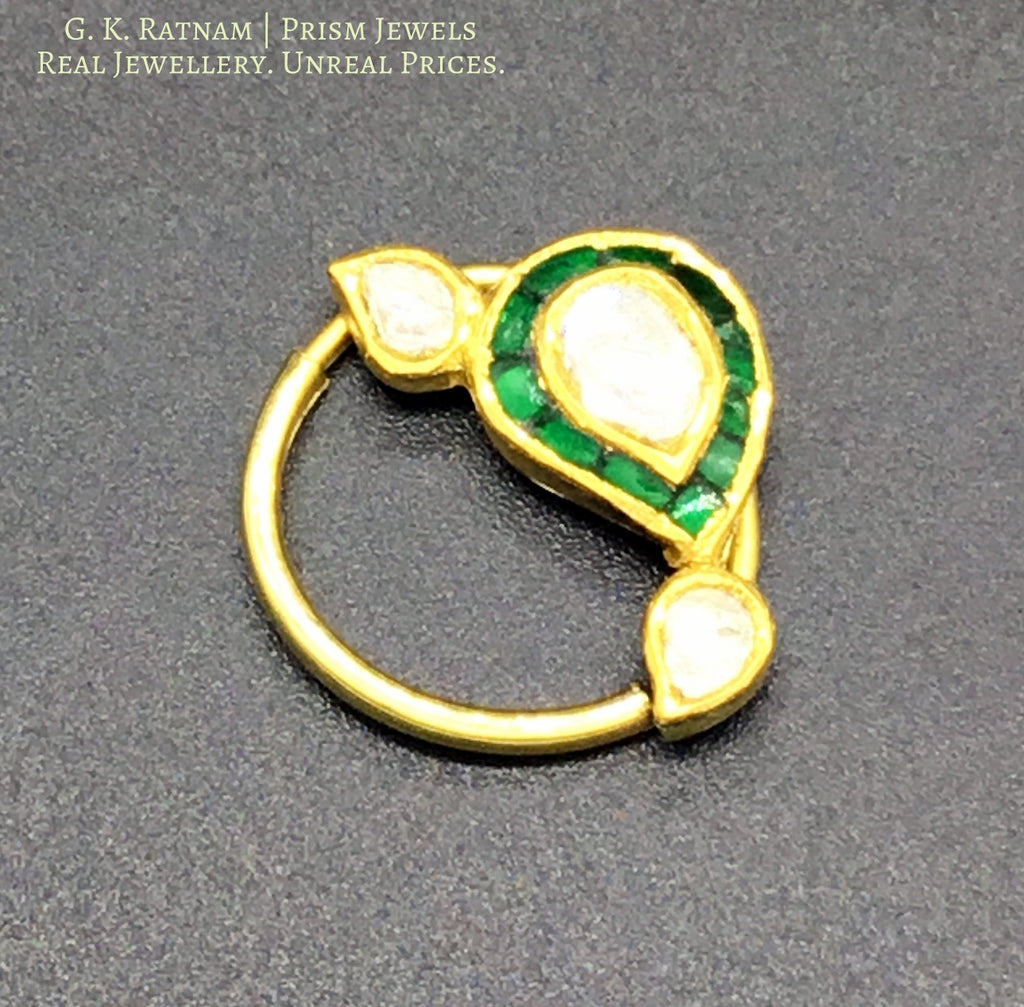 18k Gold and Diamond Polki Small Nose Ring with emerald-green stones - G. K. Ratnam