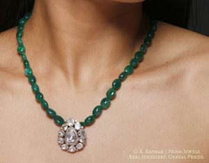 18k Gold and Diamond Polki pear-shaped Open Setting Pendant with emerald-grade beryls - G. K. Ratnam
