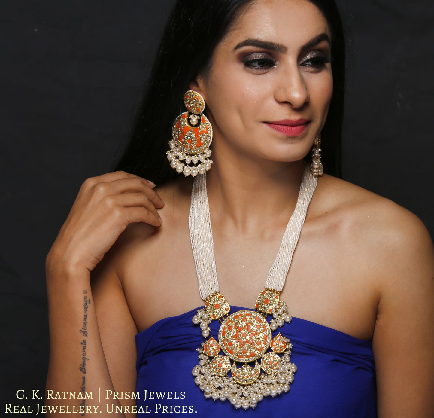 23k Gold and Diamond Polki Coral Hybrid Pendant Set with tiny chid pearl bunches - gold diamond polki kundan meena jadau jewellery