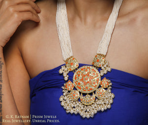23k Gold and Diamond Polki Coral Hybrid Pendant Set with tiny chid pearl bunches - gold diamond polki kundan meena jadau jewellery