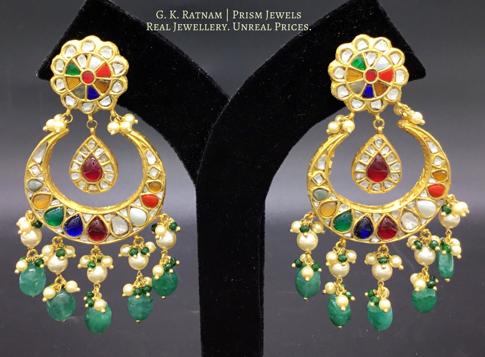 23k Gold and Diamond Polki Chand Bali Earring Pair with Navratna Stones - G. K. Ratnam