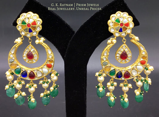23k Gold and Diamond Polki Chand Bali Earring Pair with Navratna Stones - G. K. Ratnam