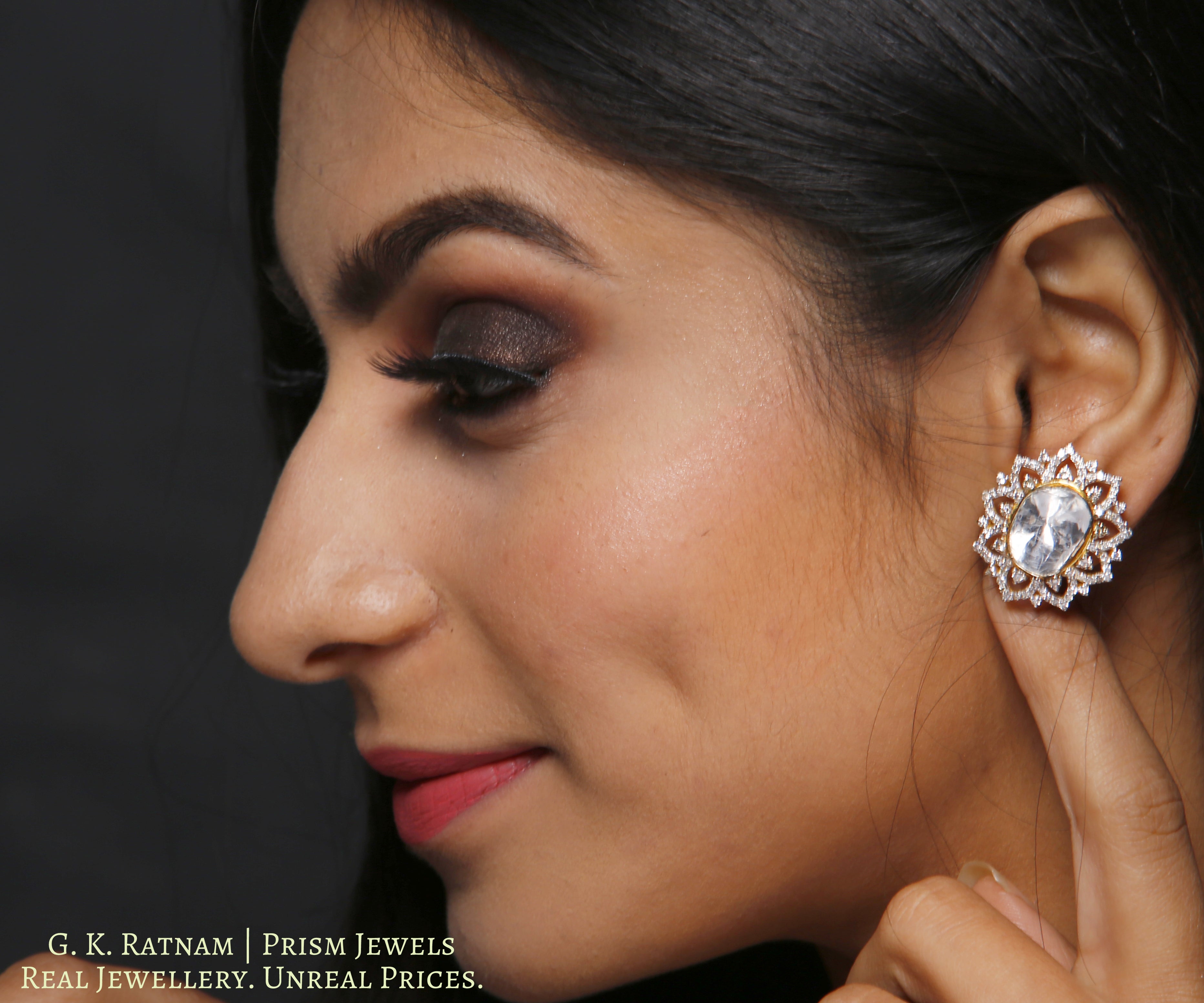 18k Gold and Diamond Polki Open Setting Tops / Studs Earring Pair with far sized uncuts surrounded by diamonds - gold diamond polki kundan meena jadau jewellery