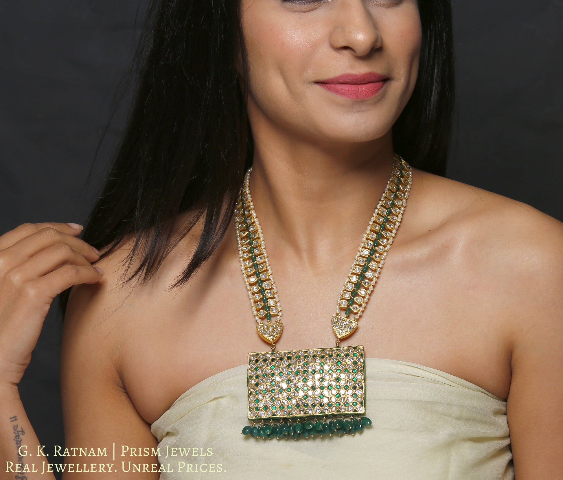 23k Gold and Diamond Polki green rectangle Pendant with Patrihaar / Ranihaar - gold diamond polki kundan meena jadau jewellery