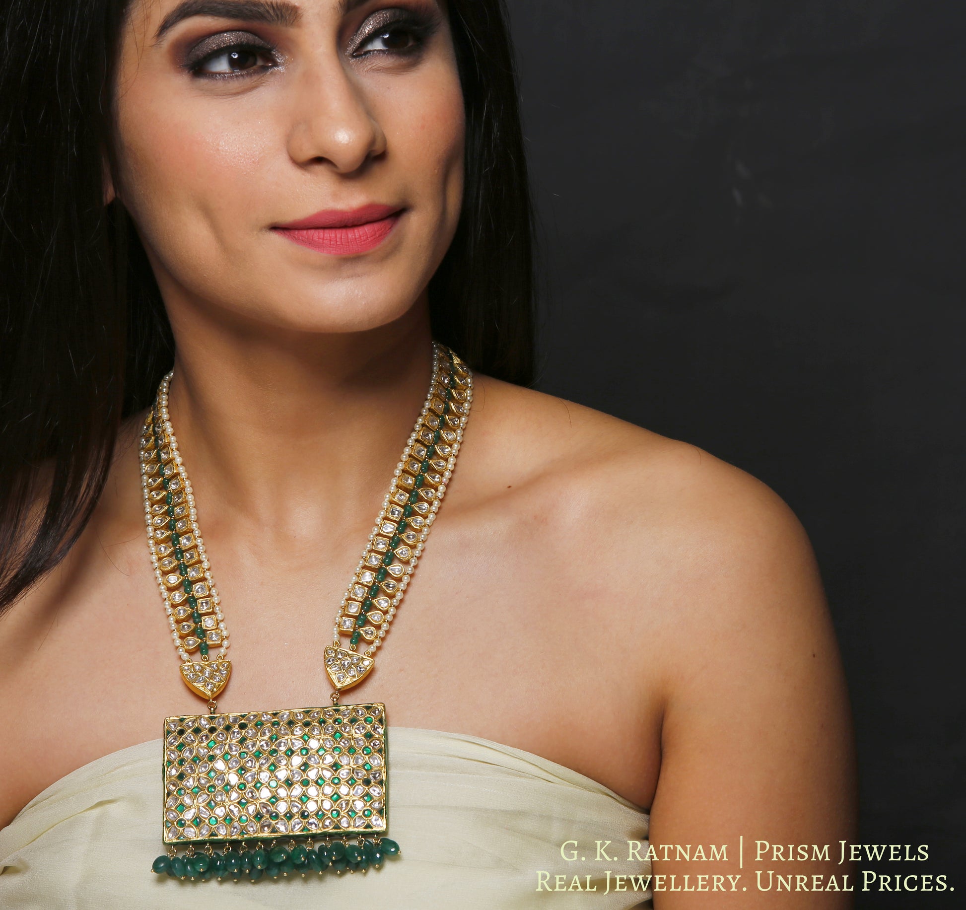 23k Gold and Diamond Polki green rectangle Pendant with Patrihaar / Ranihaar - gold diamond polki kundan meena jadau jewellery