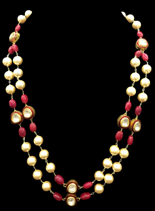 18k Gold and Diamond Polki Pendant Necklace with Red Enamelled Tikdas - G. K. Ratnam