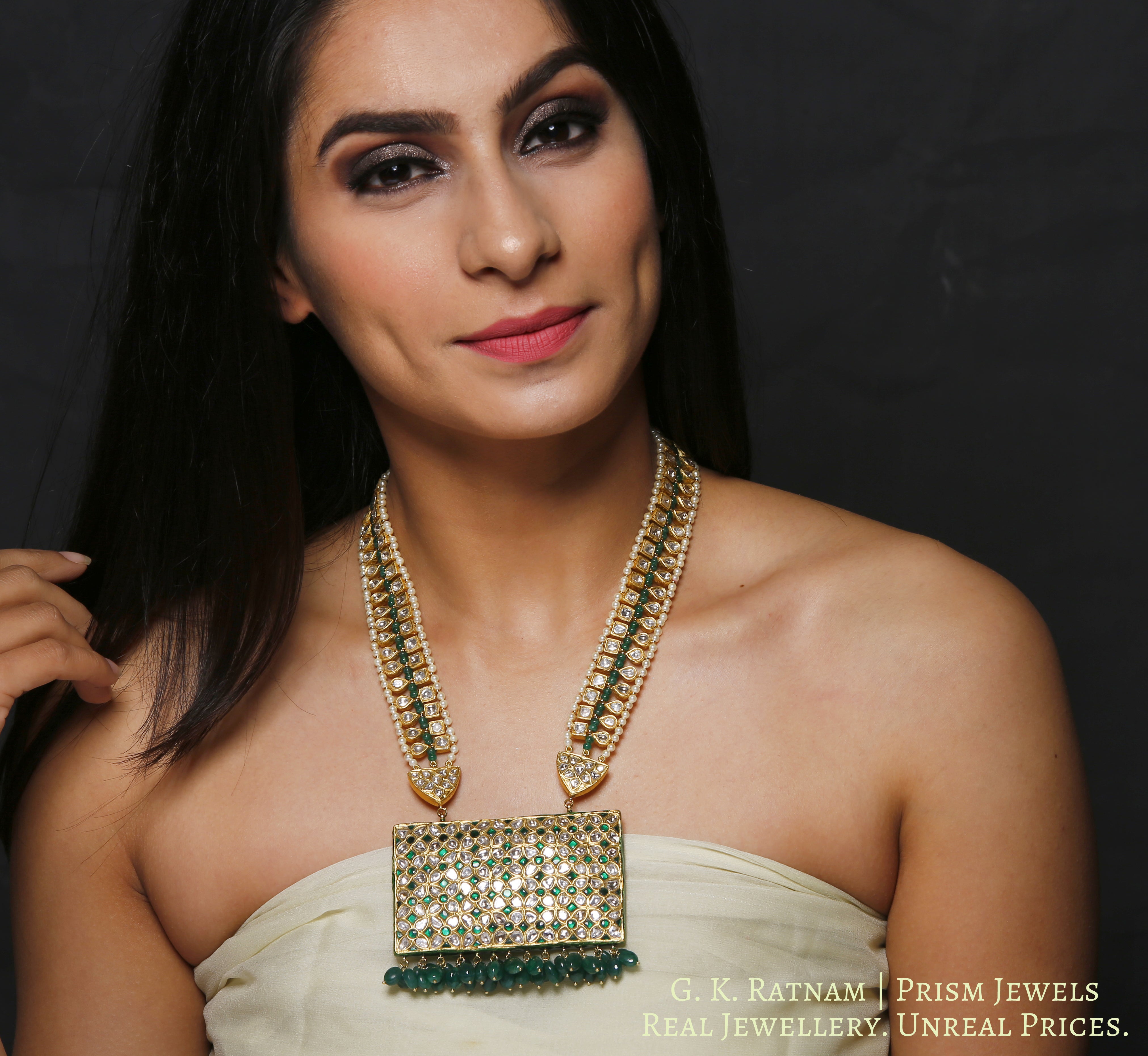 23k Gold and Diamond Polki green rectangle Pendant with Patrihaar / Ranihaar - gold diamond polki kundan meena jadau jewellery
