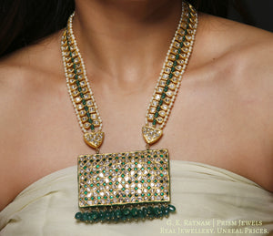 23k Gold and Diamond Polki green rectangle Pendant with Patrihaar / Ranihaar - gold diamond polki kundan meena jadau jewellery