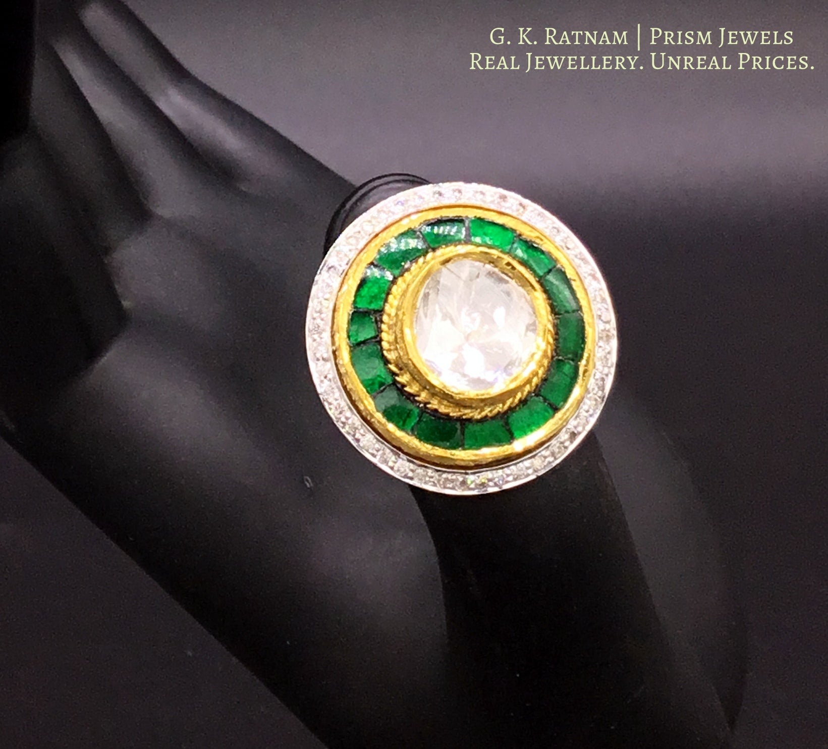18k Gold and Diamond Polki Fusion Round Ring with emerald-green stones - G. K. Ratnam