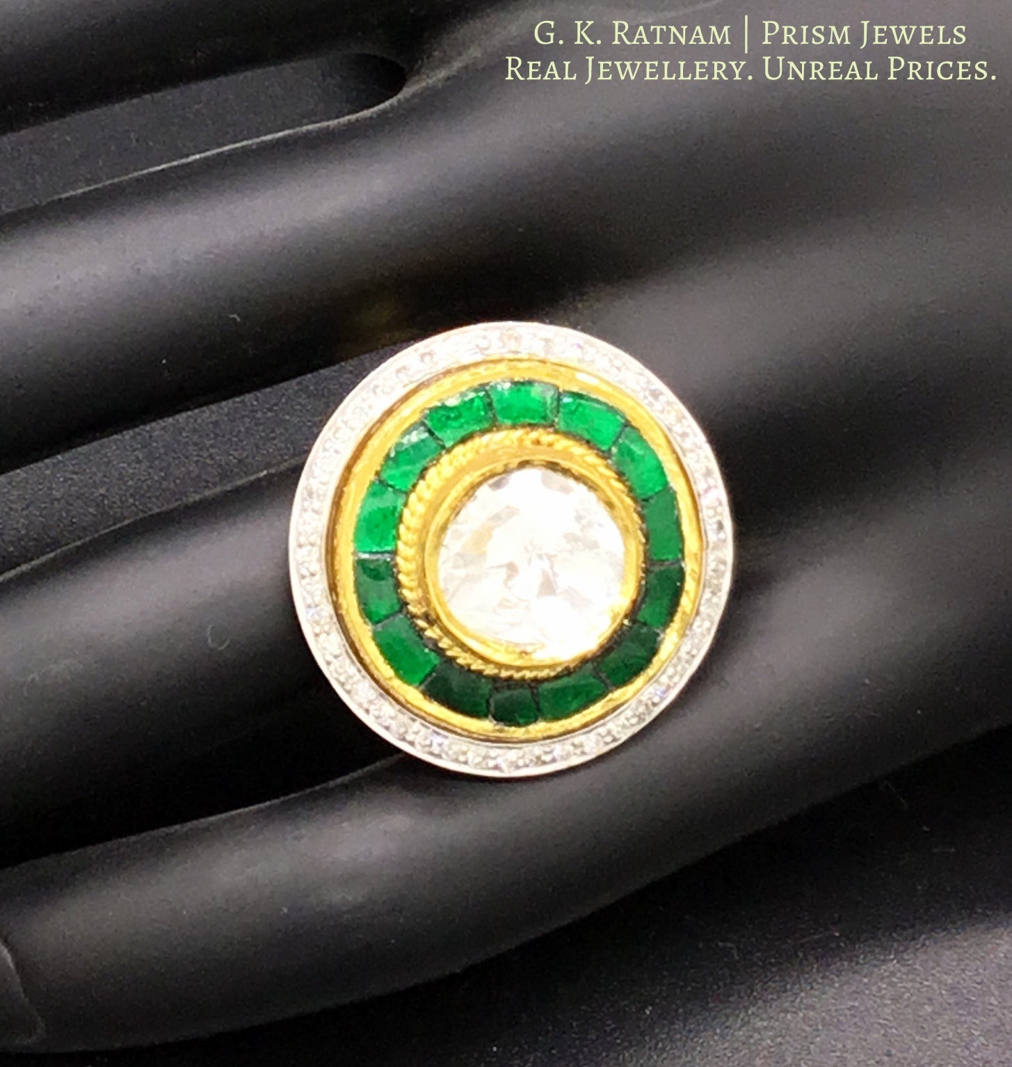 18k Gold and Diamond Polki Fusion Round Ring with emerald-green stones - G. K. Ratnam