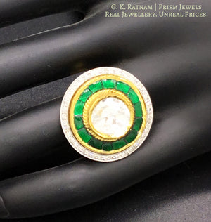 18k Gold and Diamond Polki Fusion Round Ring with emerald-green stones - G. K. Ratnam