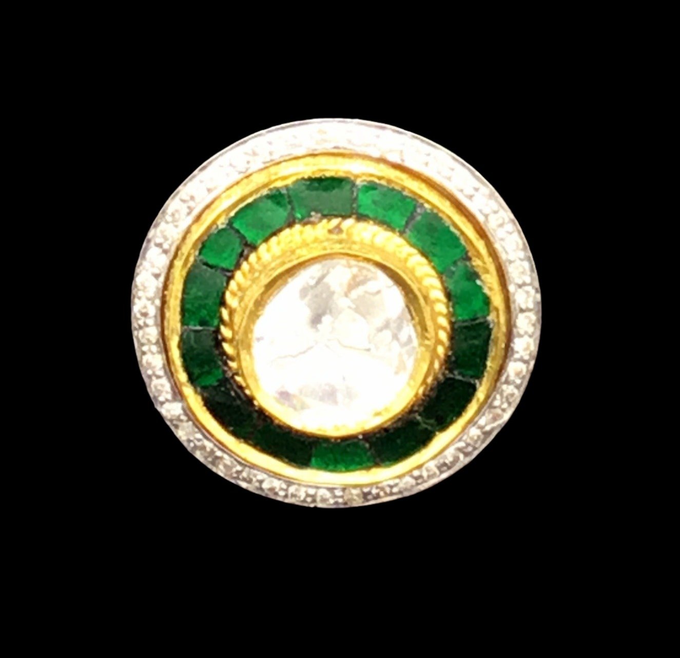 18k Gold and Diamond Polki Fusion Round Ring with emerald-green stones - G. K. Ratnam