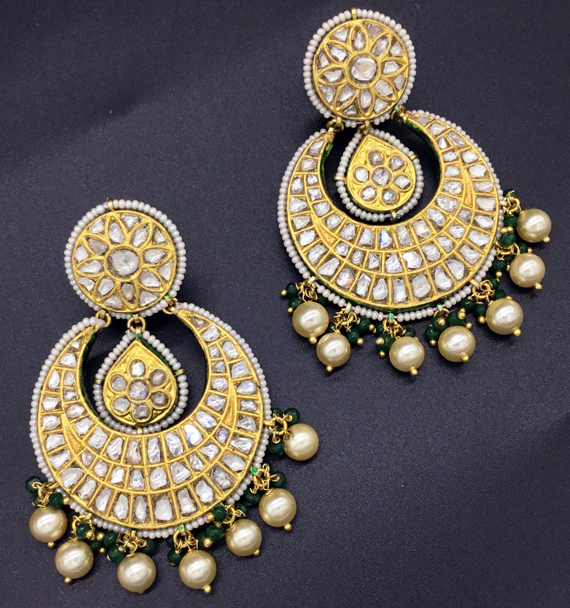 23k Gold and Diamond Polki Chand Bali Earring Pair with pearls and green beads - G. K. Ratnam