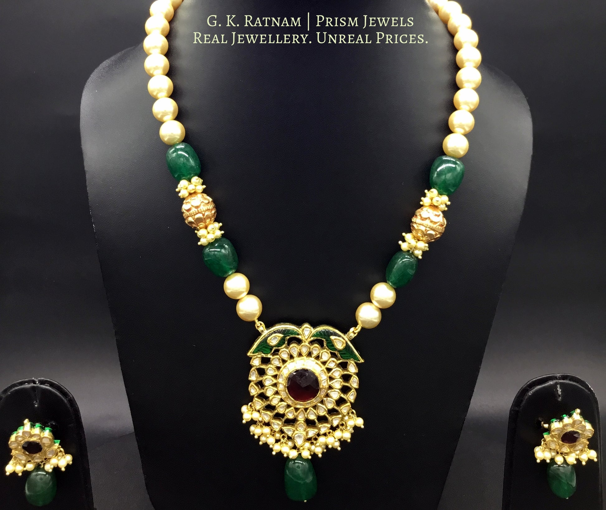 Traditional Gold and Diamond Polki peacock motif Pendant Set with pearls and handcarved golden beads - G. K. Ratnam