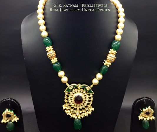Traditional Gold and Diamond Polki peacock motif Pendant Set with pearls and handcarved golden beads - G. K. Ratnam