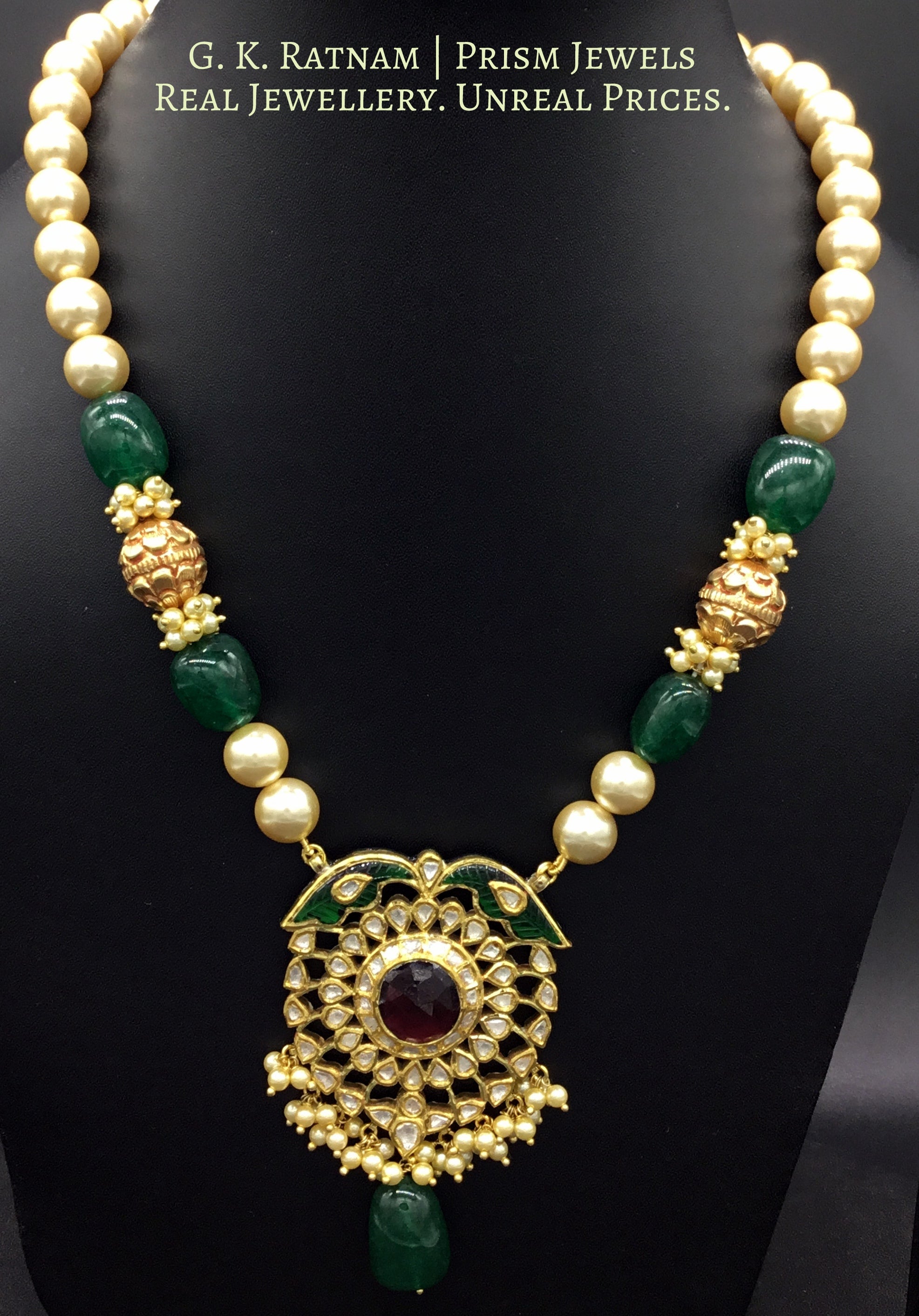 Traditional Gold and Diamond Polki peacock motif Pendant Set with pearls and handcarved golden beads - G. K. Ratnam