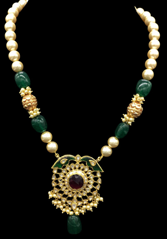 Traditional Gold and Diamond Polki peacock motif Pendant Set with pearls and handcarved golden beads - G. K. Ratnam