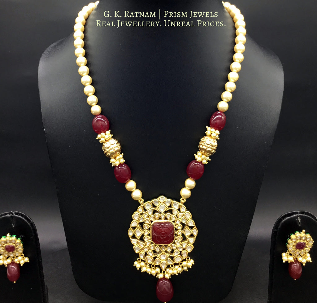 Traditional Gold and Diamond Polki carved-red-center Pendant Set with ...