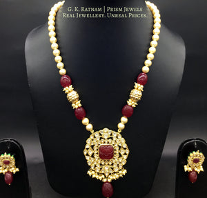 Traditional Gold and Diamond Polki carved-red-center Pendant Set with pearls and handcarved golden beads - G. K. Ratnam