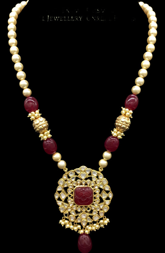 Traditional Gold and Diamond Polki carved-red-center Pendant Set with pearls and handcarved golden beads - G. K. Ratnam